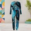 Women Plus Size Round Neck Long Sleeve Black Printed Two Piece Set Cuffed Top And Pants With Pockets