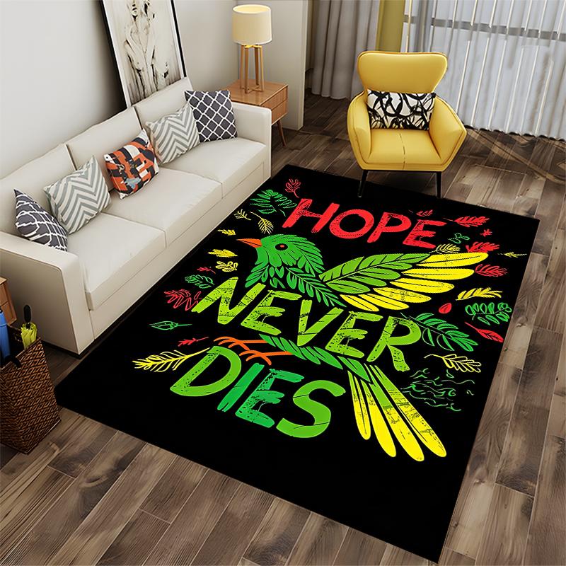 Colorful Artistic Bird Carpet with "Hope Never Dies" Lettering Design Suitable for Use As an Anti-slip for Living Room Bedroom Sofas