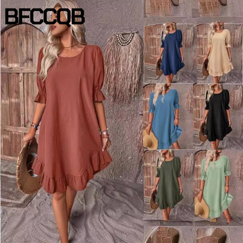 BFCCQB Kadın Moda O-Yaka Kısa Kollu Yaz Bahar Düz Renk Baskılı Günlük Elbiseler