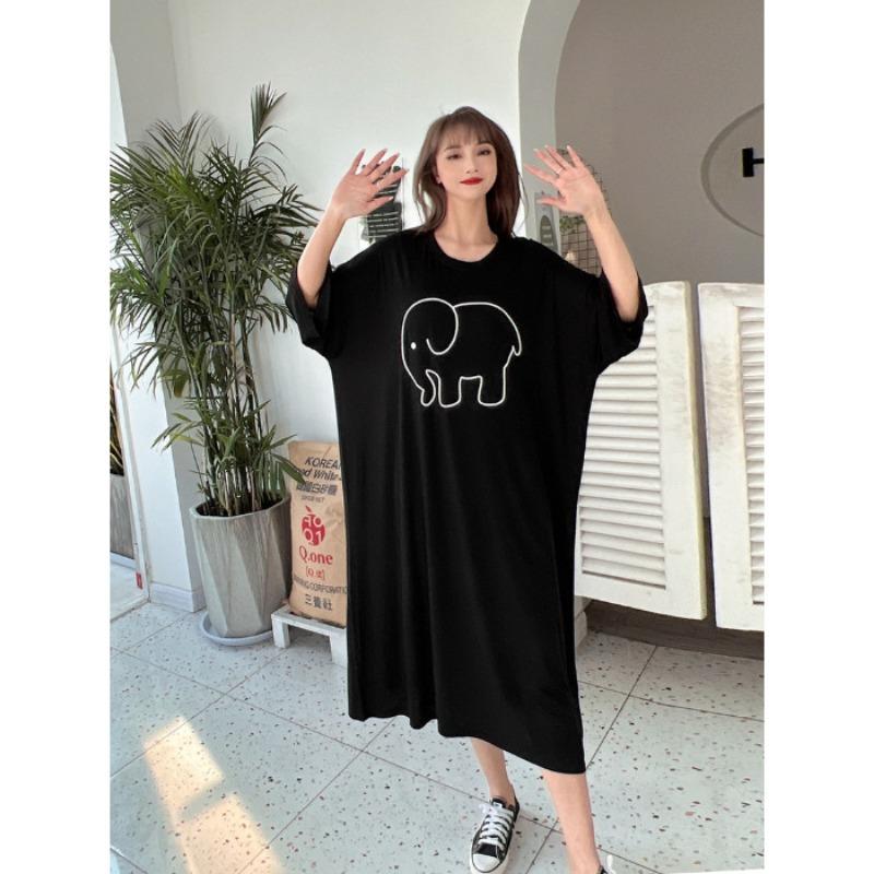 Damen Cartoon Kurzarm T-Shirt Kleid Locker Lässig Midilänge Über Knie Kleid