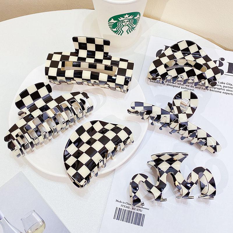 Women Elegant Checkerboard Acrylic Hair Claw Temperament Geometric Headband Hair Clips Hairpins Fahion Hair Accessories Gift