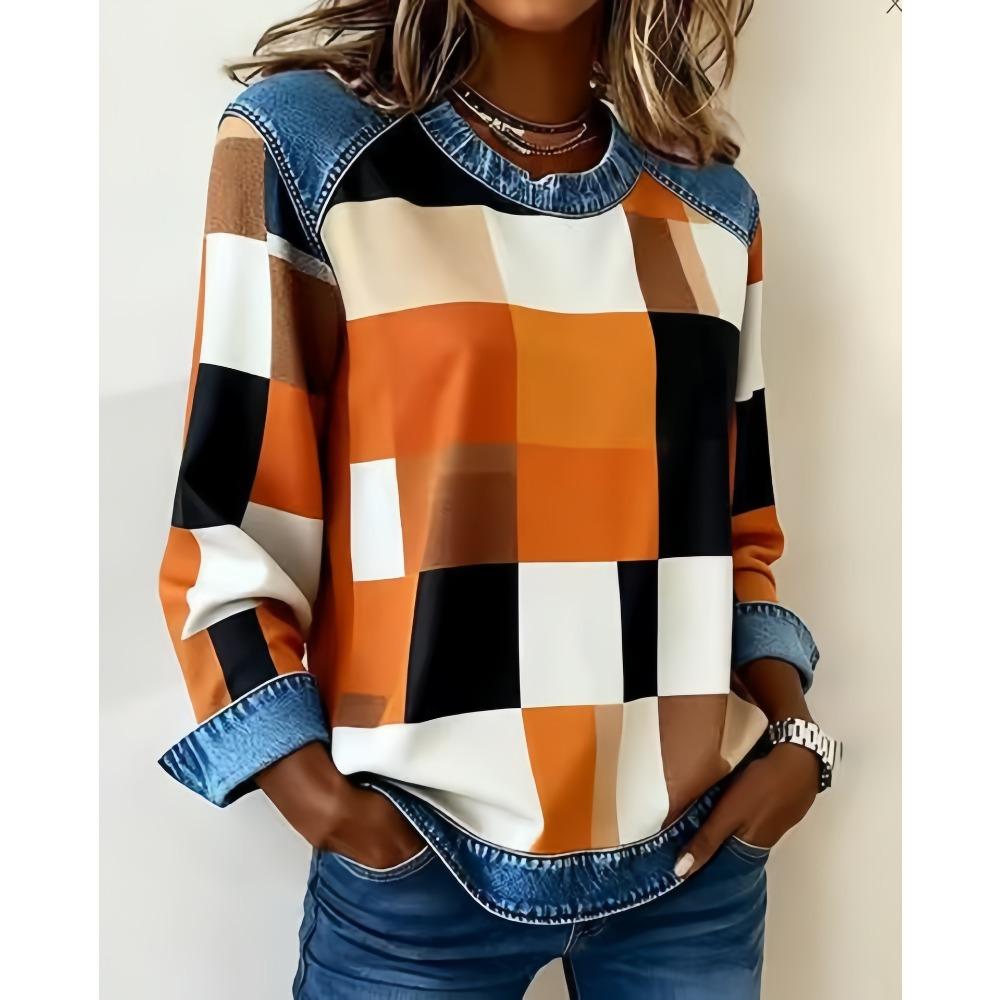 Damen karierter Patchwork-Kapuzenpullover aus Kunstdenim, Rundhals lockeres lässiges Sweatshirt, Mode bequemes Streetwear-Oberteil