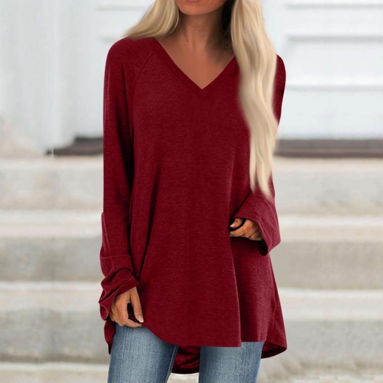 Autumn Winter Women T Shirt V Neck Long Sleeve Loose Casual Top Solid Color S красный