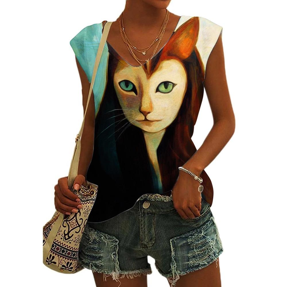 Women's Sleeveless T-shirts 3d Abstract Cat Print Vest Loose V-Neck T-shirts & Blouse Summer Breathable Basic Tops Tees