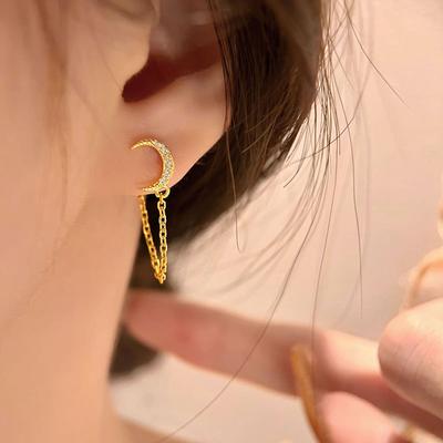 Moon Fringed Earrings with Back Hanging Earrings Super Fairy Temperament Light Luxury Earrings Commuting Retro