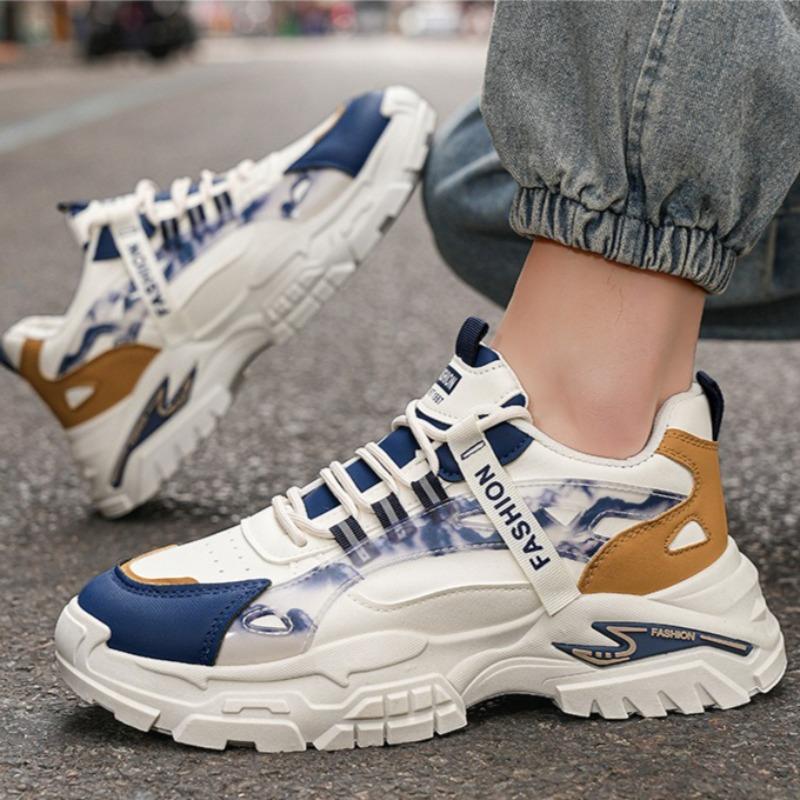 Men Leather Chunky Dad Sneakers, Breathable Fashion Student Work Casual Athletic Shoes