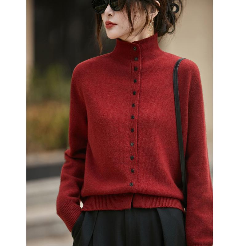 Women's Gray Loose Knit High Neck Long Sleeve Cardigan for Autumn/Winter 2025
