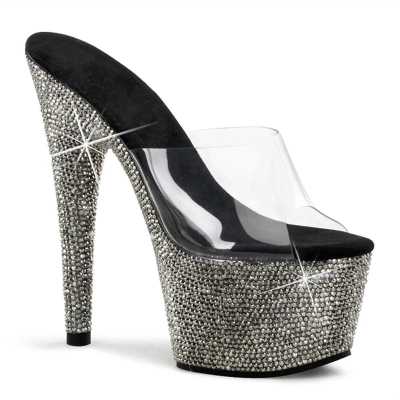 

2025 новые летние туфли на очень высоком каблуке с одним словом и кристаллами на шпильке, прозрачные тапочки, женские туфли на высоком каблуке 46 чёрный