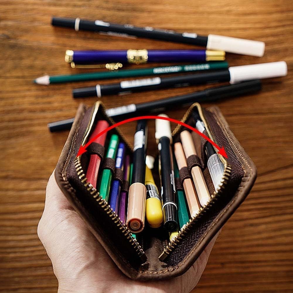 Leder Stiftemäppchen groß einfach zu bedienen für Grundschule Mittelschule Gymnasium Erwachsene Etui, Beutel, hochwertiges Leder, Fassungsvermögen,