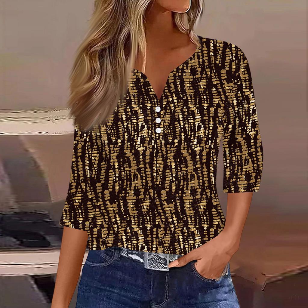 Women's T Shirt Tee Print Button  3/4 SleeveDaily Weekend Fashion Basic V- Neck Regular Top