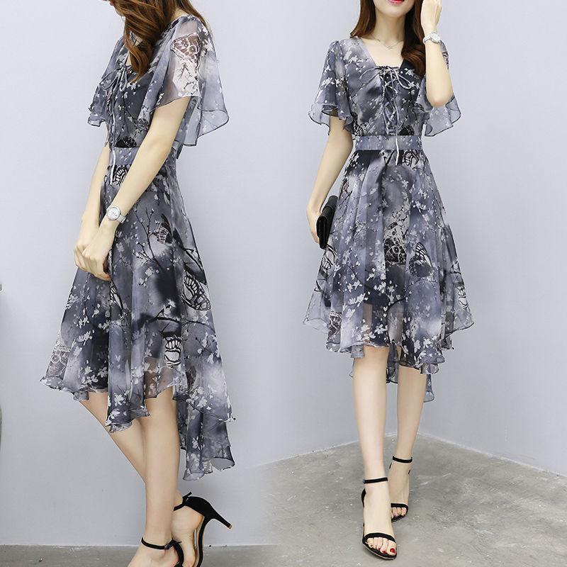 Duża damska sukienka Spódnica wróżki Gruba siostra Szyfonowa spódnica trapezowa Seksowna spódnica z dekoltem w serek Moda Flare Sleeve Swallowtail Spódnica Design Dress