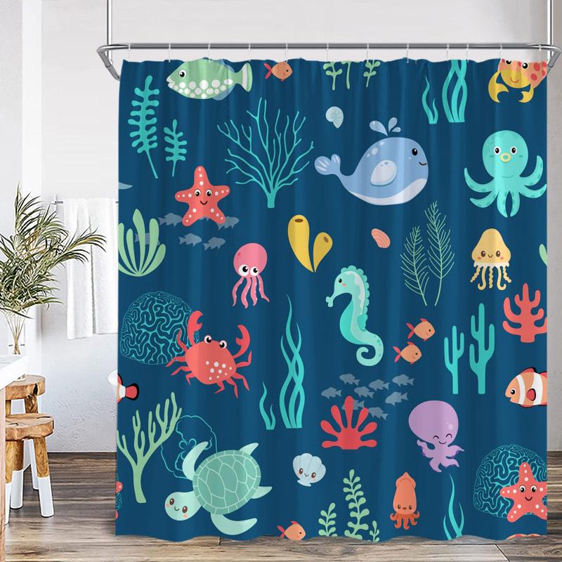 Cartoon Ocean Animals Shower Curtain Shark Dolphin Octopus Starfish Conch Kids Bath Curtains Polyester Bathroom Decor With Hooks