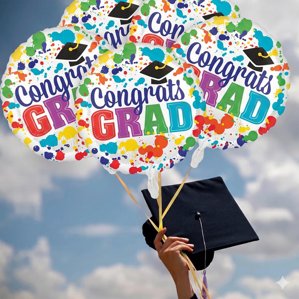 8 Pcs 18 Inch Congrats Grad Foil Balloons, Colorful Watercolor Graduation Round Mylar Balloons Kit, College Graduation Party Dec
