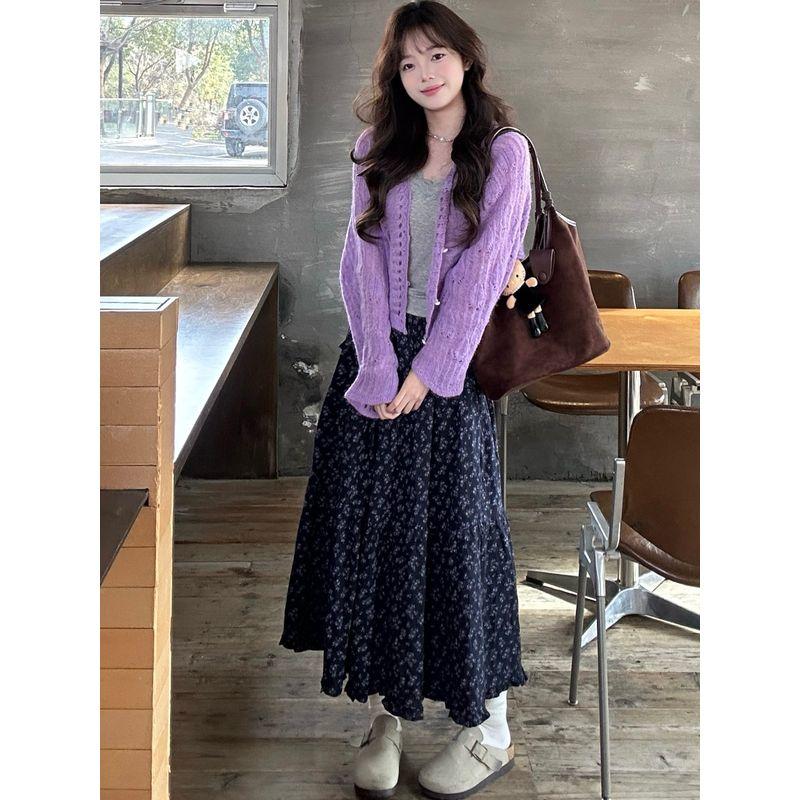 2026 Spring and Autumn New Korean Style Retro Gentle Purple Plus Size Long Sleeve Cardigan Floral Long Skirt Three-Piece Set for Women