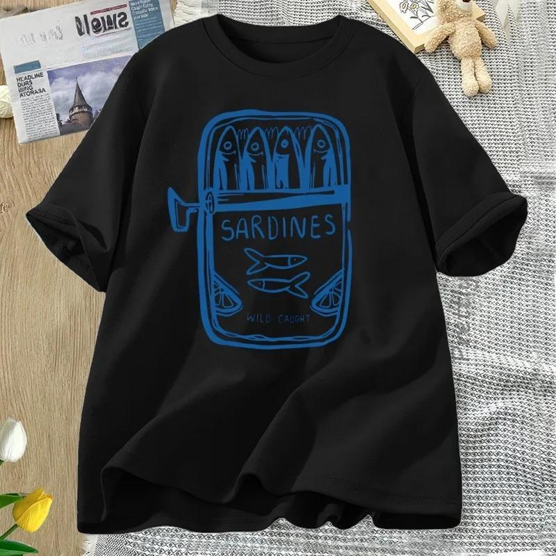 Sardine  Fisherman Beach Printed Short Sleeve Tshirt Casual Round Neck T Shirt Summer Casual Printed WomenT Shirt Clothing Tops