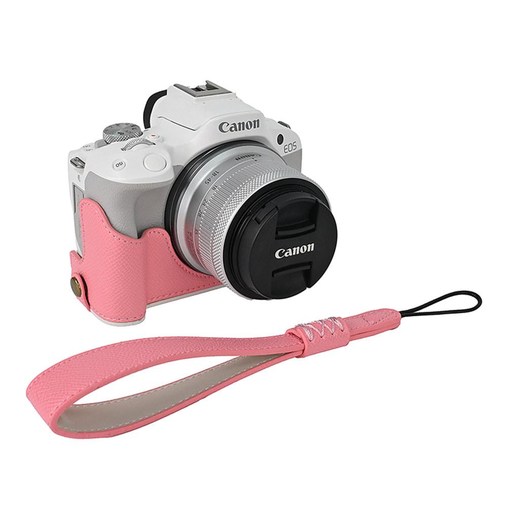 Palm Print PU Leather Camera Half Case For Canon EOS R50 R10 R8 Battery Opening Bottom Cover With Hand Strap