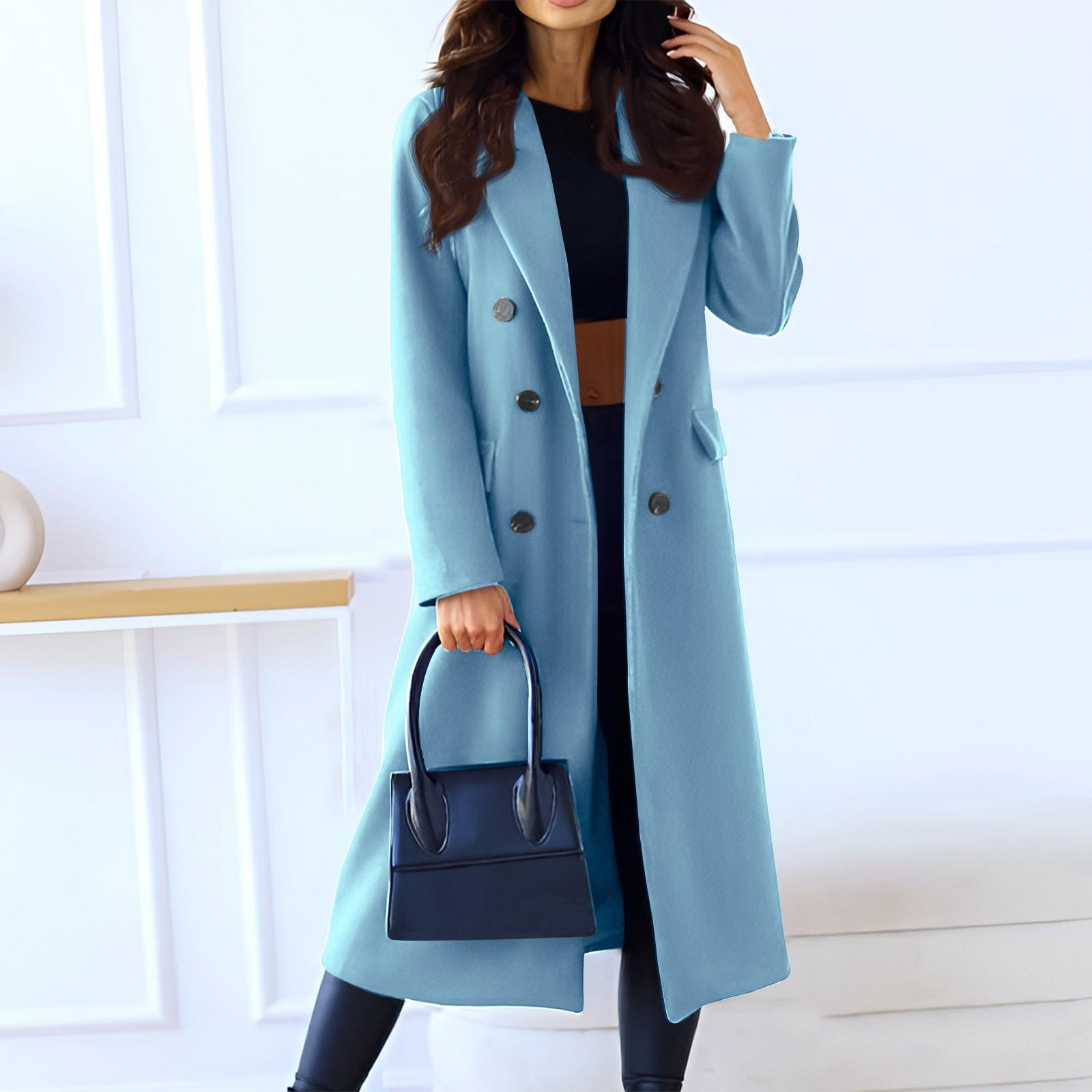 

Женское однотонное шерстяное пальто с длинными рукавами и лацканами XL светло-синий