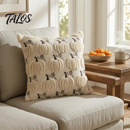 Quilted Embroidery Holiday Decor Fall Pumpkin Cushion Cover, 18x18 Inch Plush Throw Pillow Skin Friendly Fabric Cases Farmhouse Case for Sofa