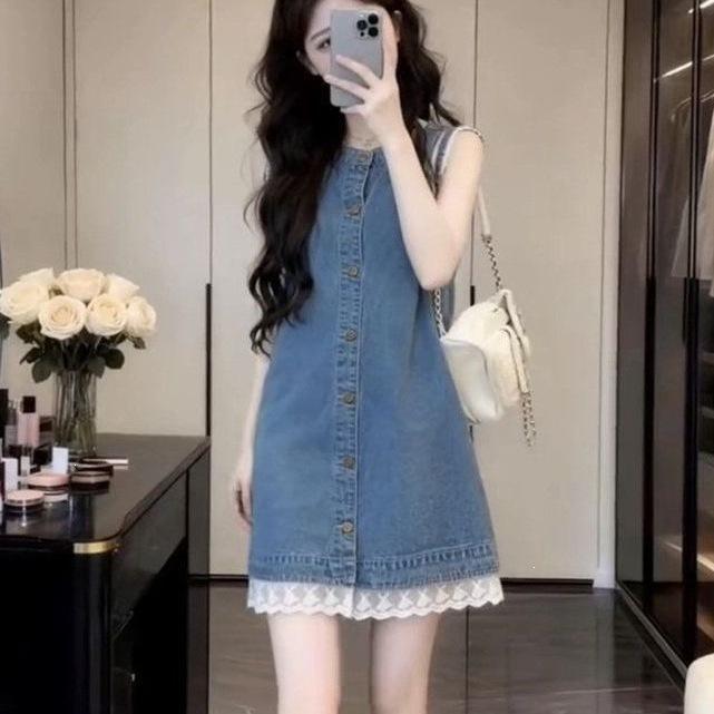 Korean Summer Denim Dress for Women, Petite with Lace Trim, Slimming Casual Sleeveless Short Skirt, New Patchwork