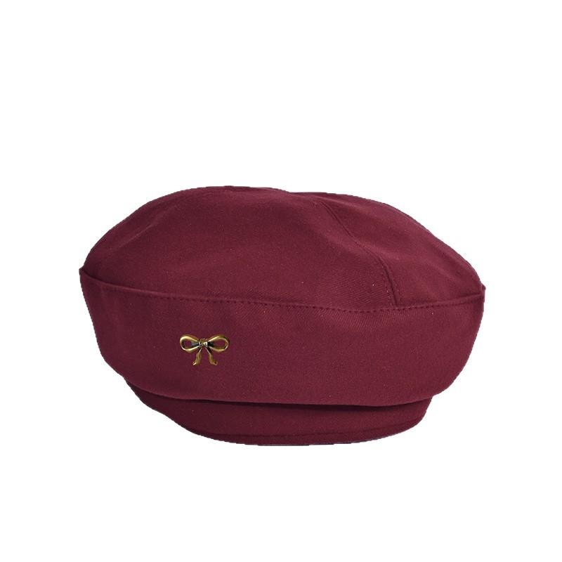 New Autumn and Winter Hat for Women Bow Metal Logo Beret Casual Versatile Painter Hat Japanese Retro Bud Hat