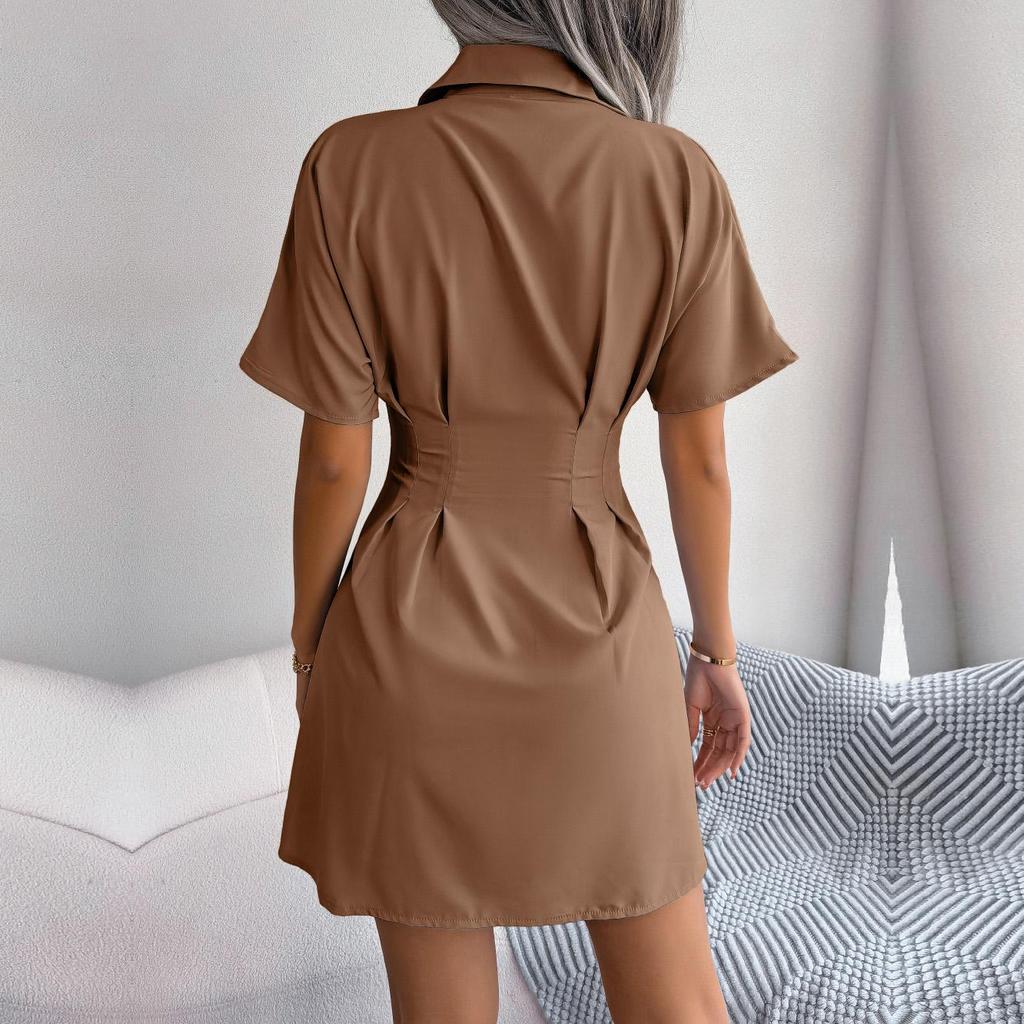 Women's Dresses Summer Solid Colour High Waist Wrap Short Sleeve Shirt Single Breasted A-Line Skirt