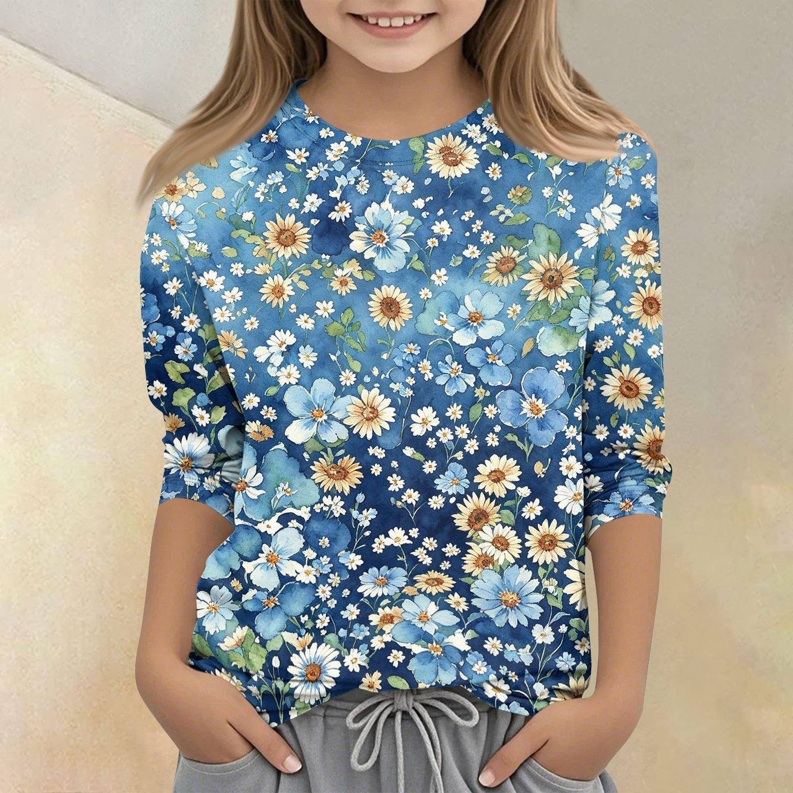 Girls Floral Print Crew Neck Three Quarter Sleeve Casual T Shirt Lightweight Soft Fabric Comfortable Fit 110 синий