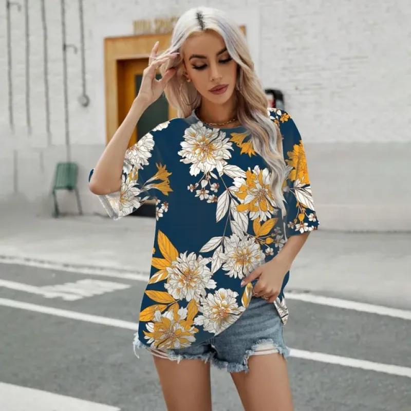 Elegant dame-t-skjorte Mote Blomstermønstertrykk T-skjorte Retro Populær Dame Kortarmet T-skjorte Sommer Fritids-t-skjorte