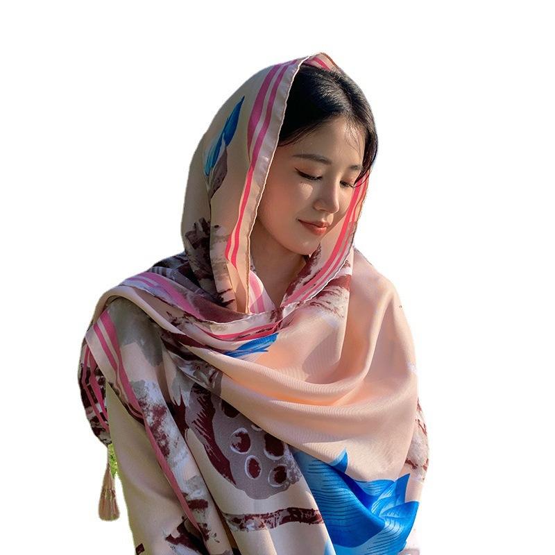 1116 Summer lotus root flower pattern beach towel with fashionable sunscreen shawl seaside travel photo silk scarf woman