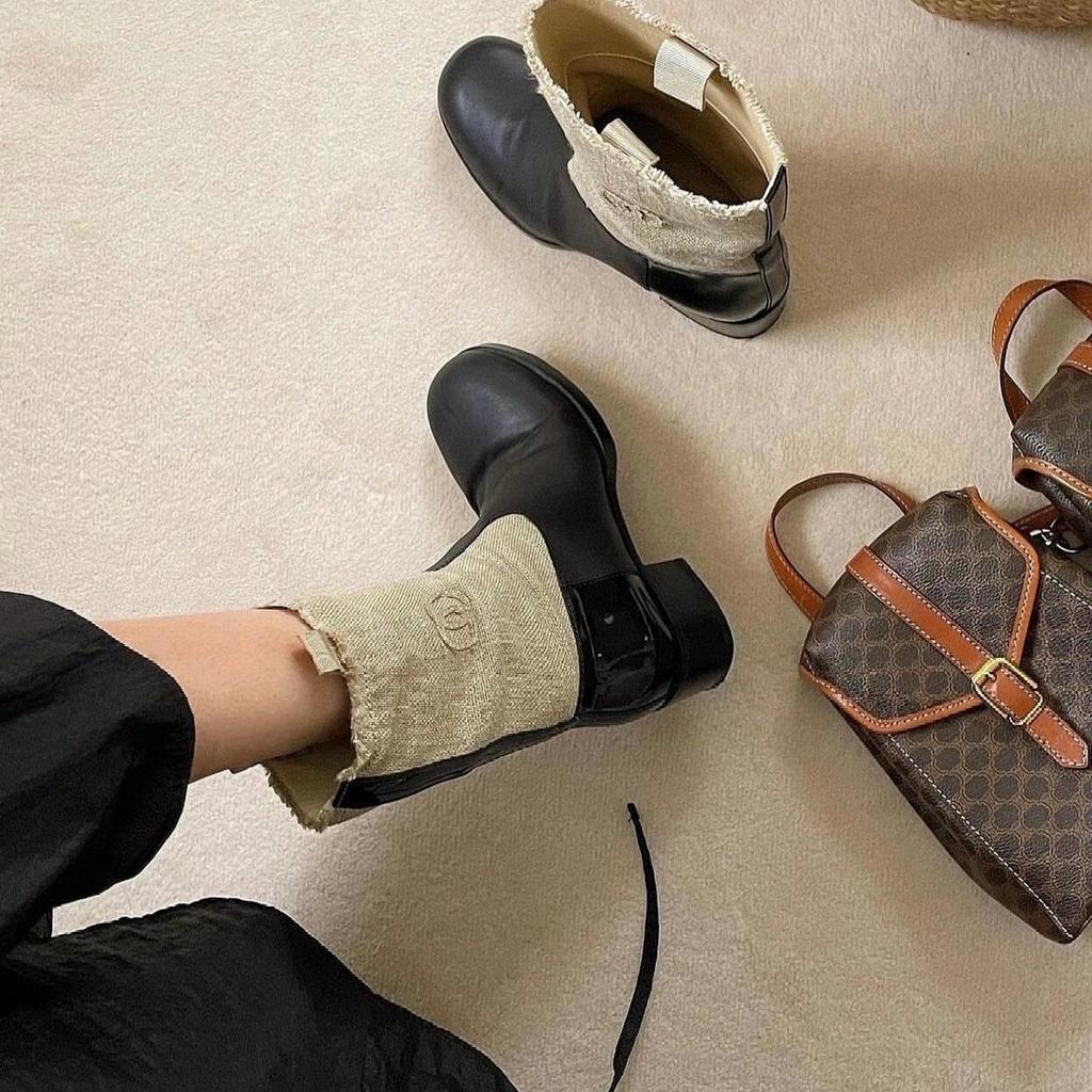 Sheepskin Version~ Xiaoxiangfeng Canvas Leather Wide Tube Martin Boots Women's Thick Heel Thick Sole Medium Tube Western Boots High Heel Short Boots