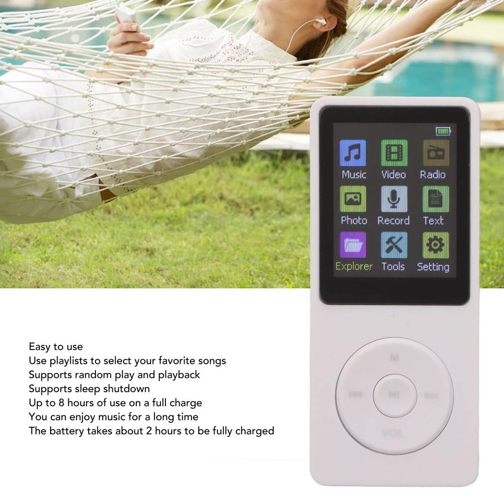 1,8-Zoll-LCD Tragbarer MP3/MP4-Player mit Kopfhörern und Ladekabel, 32 GB Unterstützung für Kinder und Erwachsene, Gehen, Laufen und mehr (Weiß)