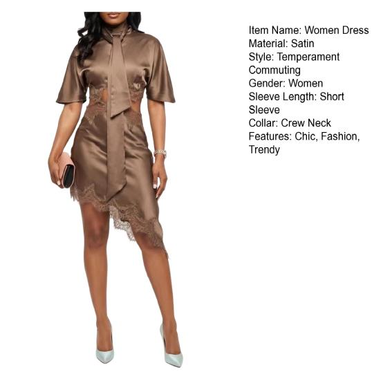 Women's Lace Cutout Satin Dress Short Sleeve Cocktail Going Out Dress