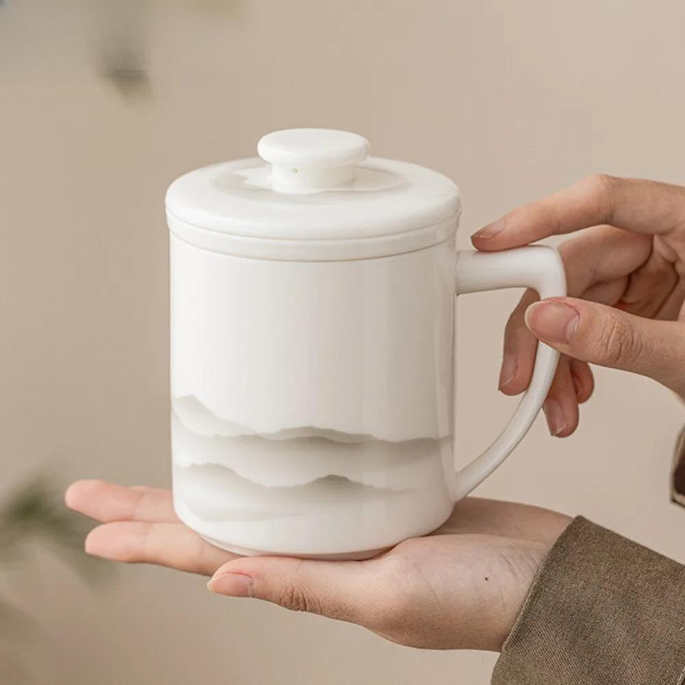 High-end Sheep Fat Jade Mug with Lid Tea and Water Separation Personal Cup Filter Tea Separator Mug Work Office Cup Drinkware