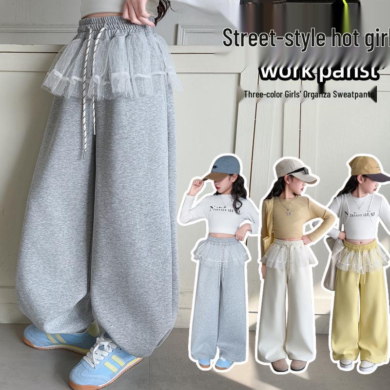 Girls' Spring 2025 Casual Sweatpants: New Style Mesh-Spliced Wide Leg Sports Pants for Kids