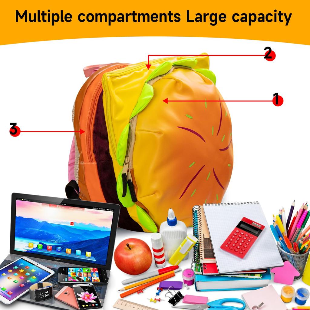 PU Stylish Hamburger Daypack Laptop Storage Zipper Multi-layer Backpack Casual Tote Cheeseburger Backpack for Outdoor Vacation