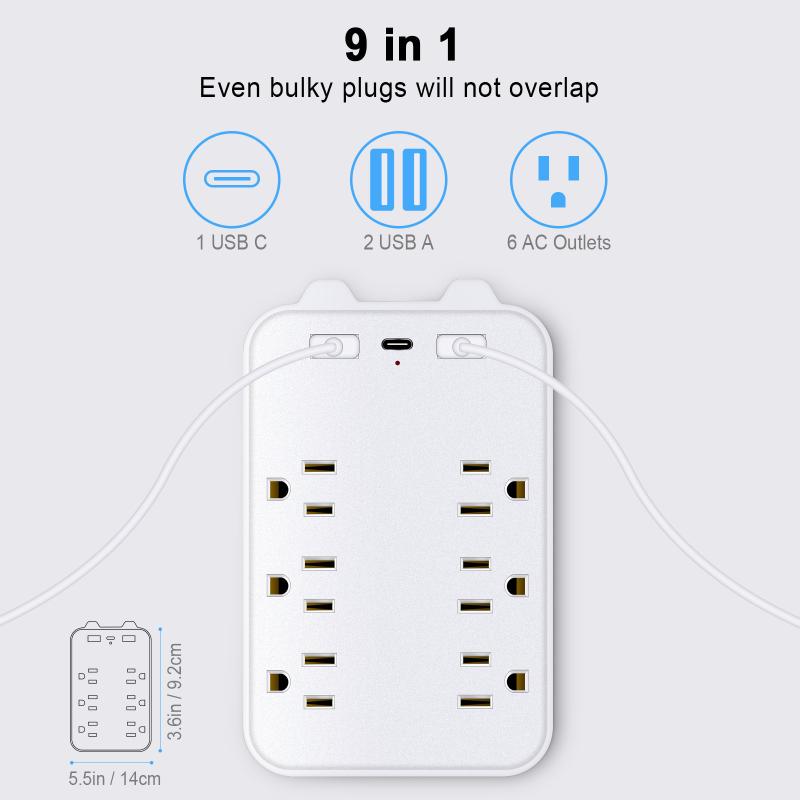 Powerful 9-in-1 Surge Protector with 6 Outlets Ideal for Home Office USB & USB-C Charging