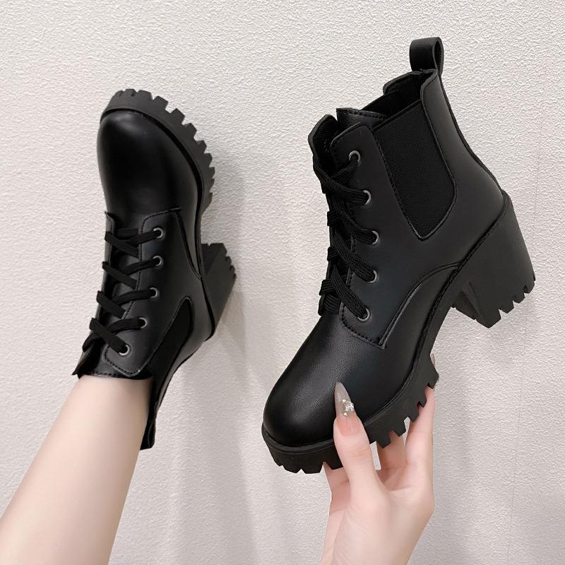High Heel Spring and Autumn Coarse Heel Lace-up Martin Boots Women's Spring Single Boots Fashion Versatile Platform Locomotive Boots