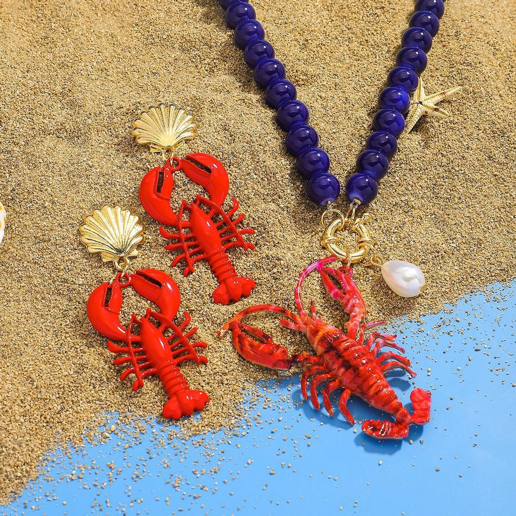 New Trendy Acrylic Ocean Lobster Pendant Necklaces for Women Boho Sea Animal Beaded Choker Vacation Beach Jewelry Creative Gifts