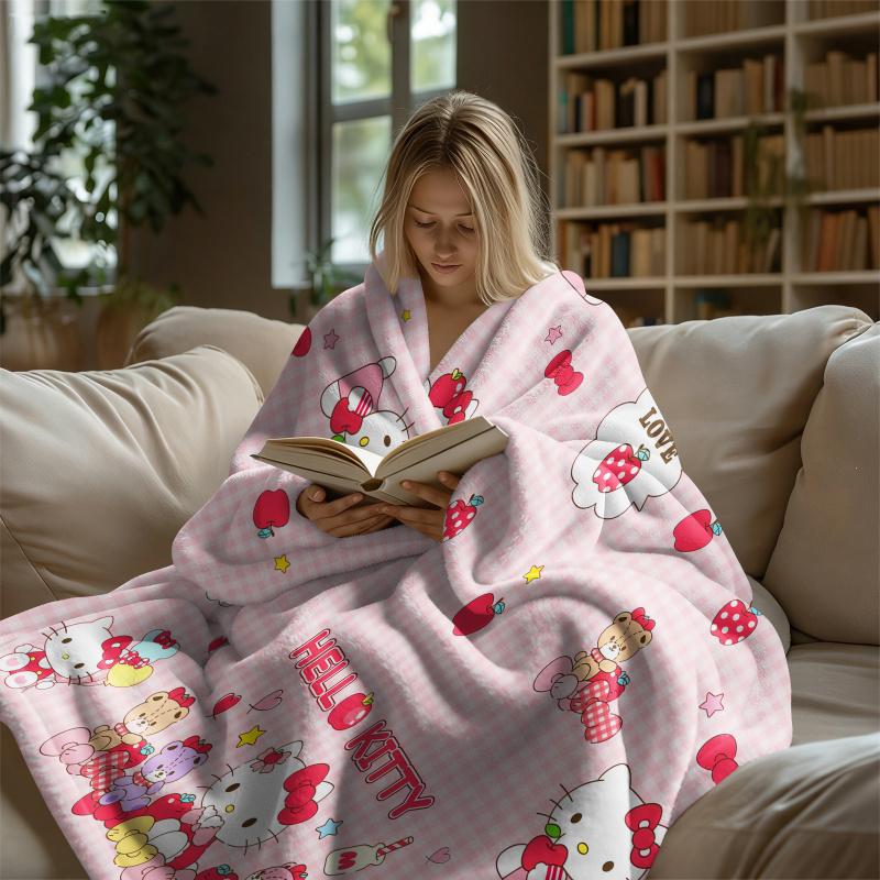 Sanrio Hello Kitty Plush Flannel Blanket Lightweight Throw Pink Gingham Apple Blanket Bed Sofa Cover School Office Nap Shawl