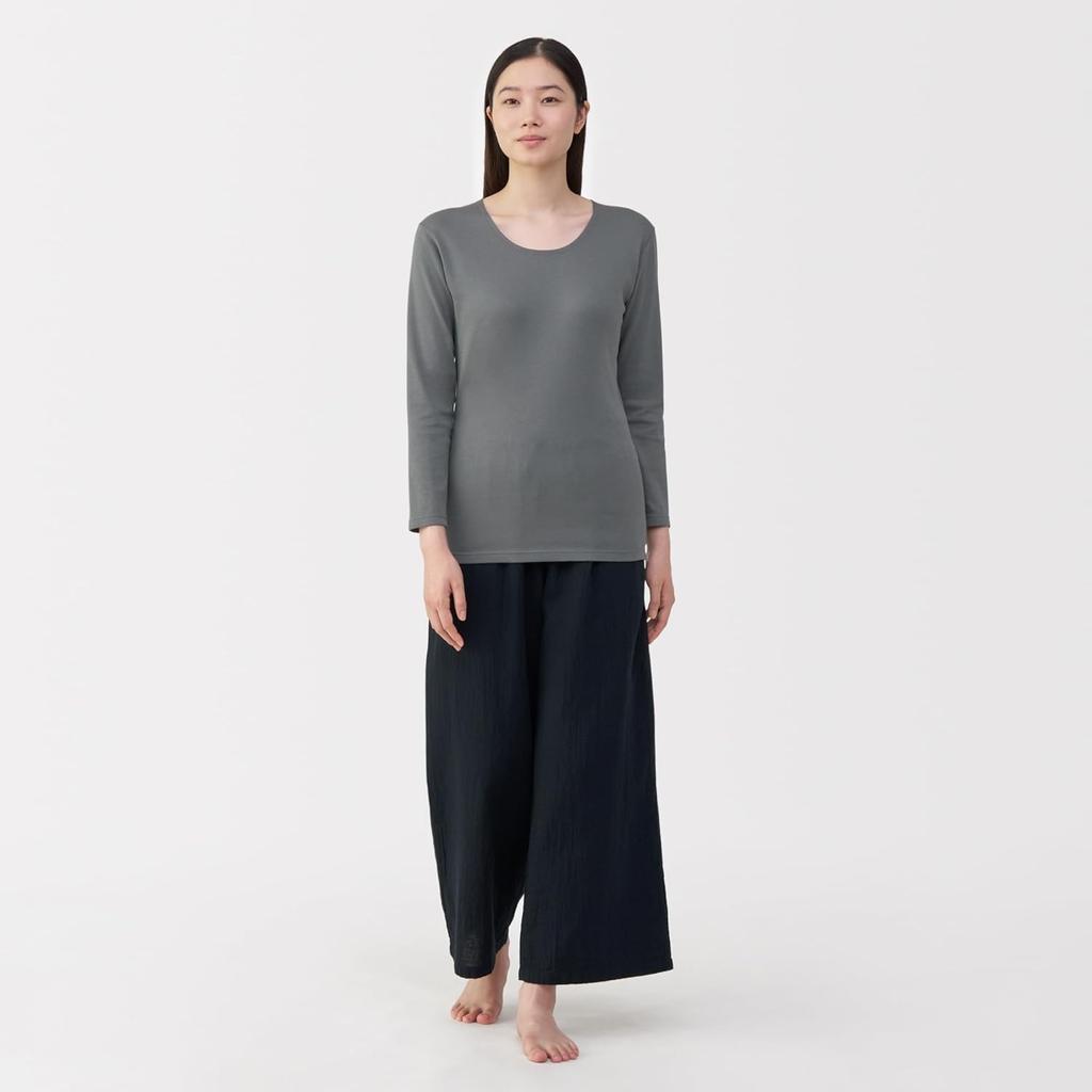 MUJI Warm Cotton Thick Sleeve FCD16A5A Medium Gray M Women's U-Neck 3/4 T-Shirt Women's