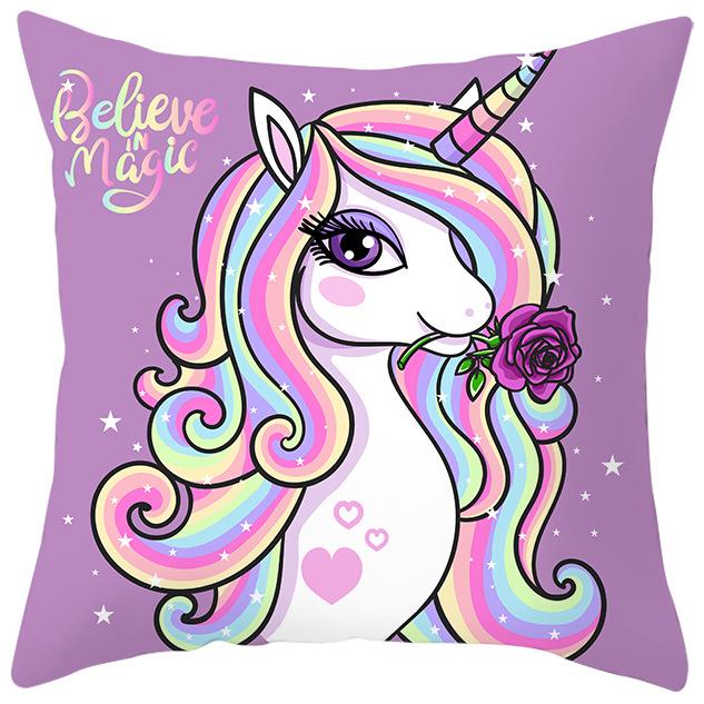 Nordic Unicorn Printed Peach Leather Velvet Pillowcase Cute Pink Horse Rainbow Cartoon Sofa Pillowcase
