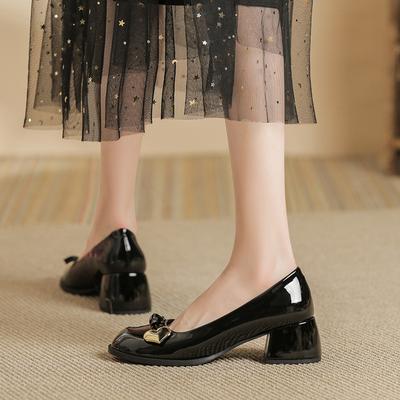 Mary Jane Women's Shoes Bow Love Thick Heel Round Head Light Mouth Single Shoes with Skirt Shoes