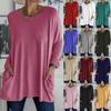 Women's Casual Spring and Summer Pocket Tunic Top O-neck Shirt Long Sleeve Shirt  Fashion Large Size Loose Solid Color T-Shirt