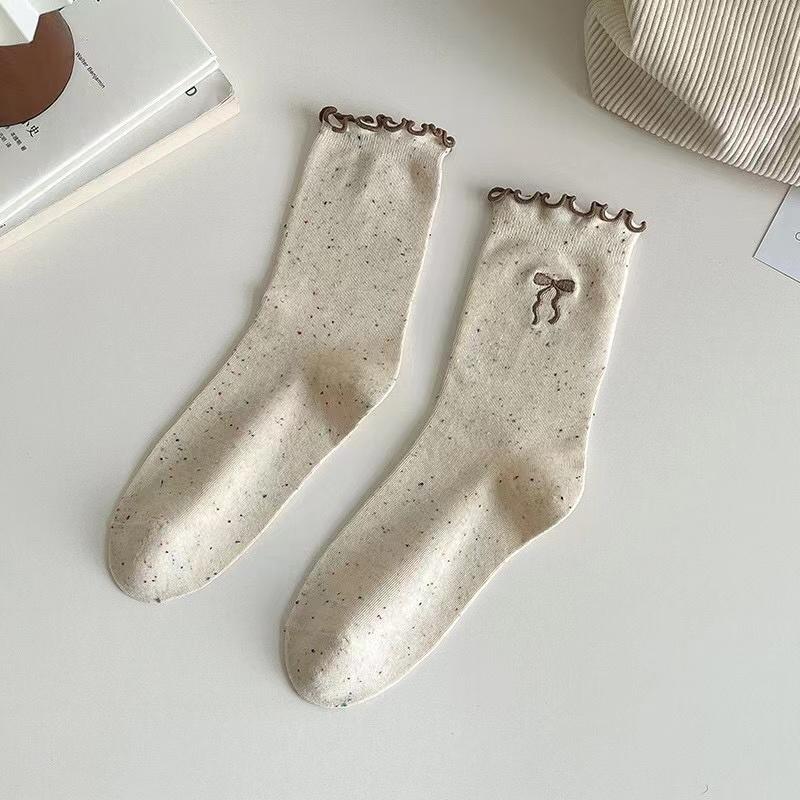 5 Pairs Women's Autumn And Winter New Style Simple And Trendy Dot Fungus Edge Mid Tube Socks With Lace Bow Women's Long Socks