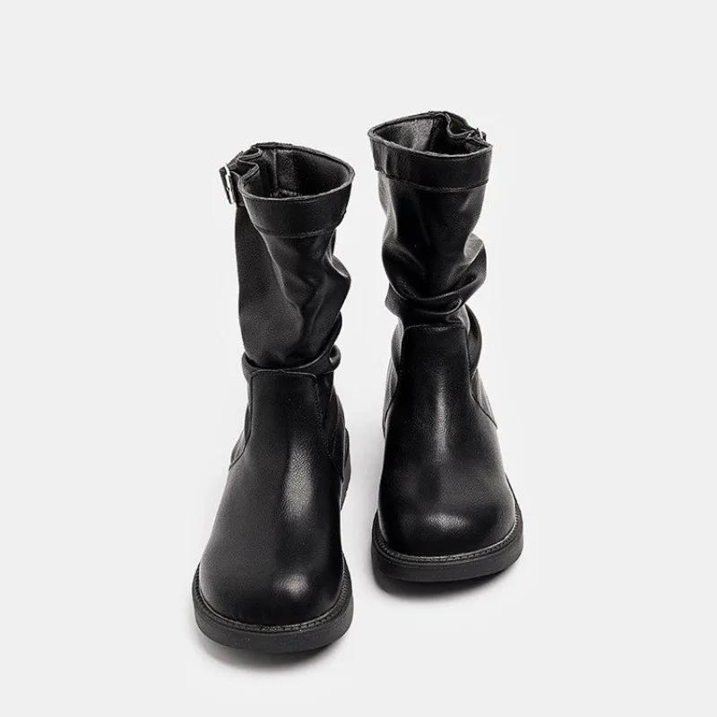 Mode 2024 Heißer Verkauf Schuhe für Damen Schnalle Damenstiefel Herbst Winter Runde Zehe Warm Einfarbig Mittelhochschaft Niedrig Absatz Modestiefel