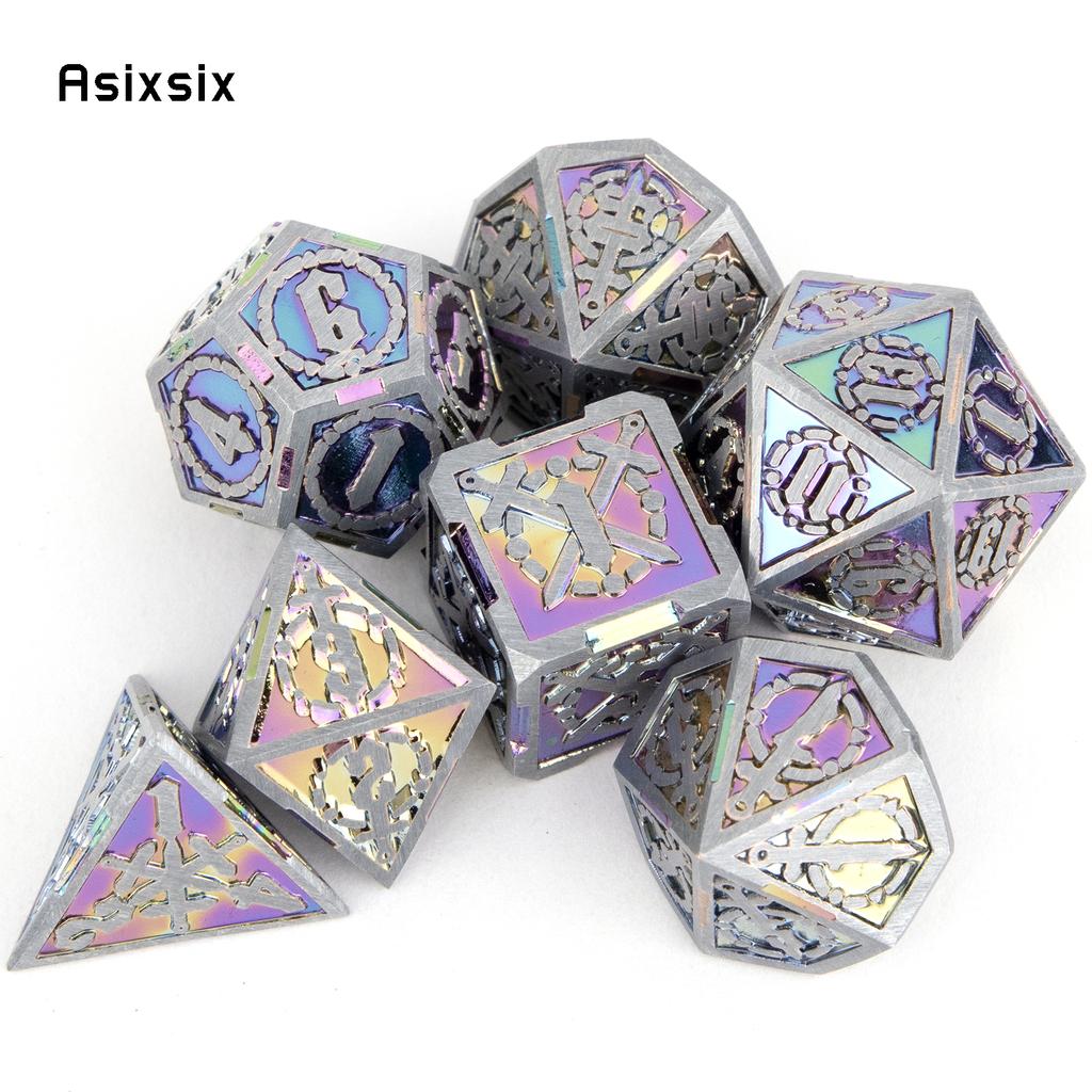 7 Pcs Colorful Silver Double Swords Metal Dice Solid Polyhedral Dice Set Suitable for Role-Playing RPG   Pathfinder Board Game