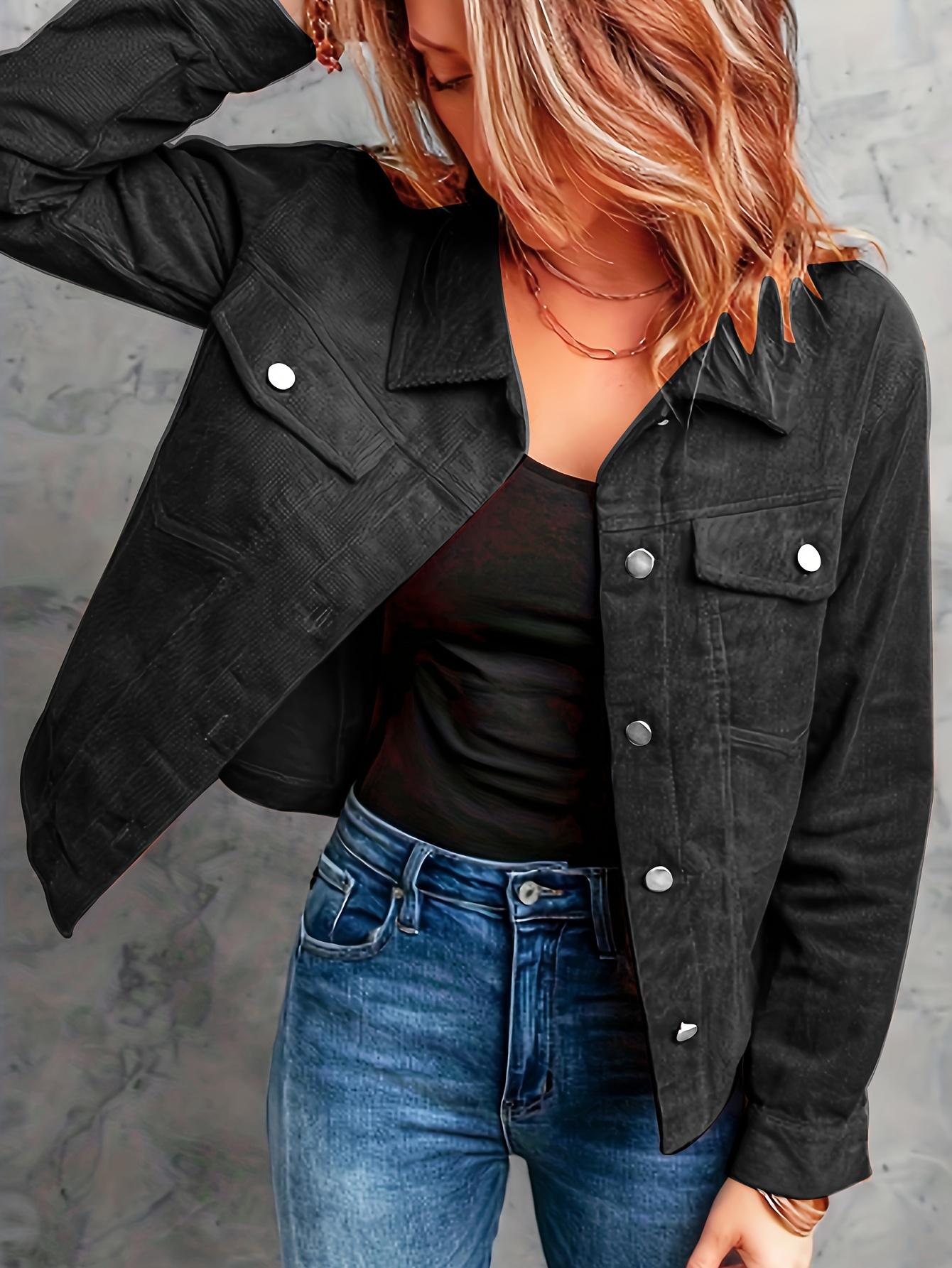 

Вельветовая куртка на пуговицах с накладными карманами, повседневная куртка с длинным рукавом для весны и осени, женская одежда XL чёрный