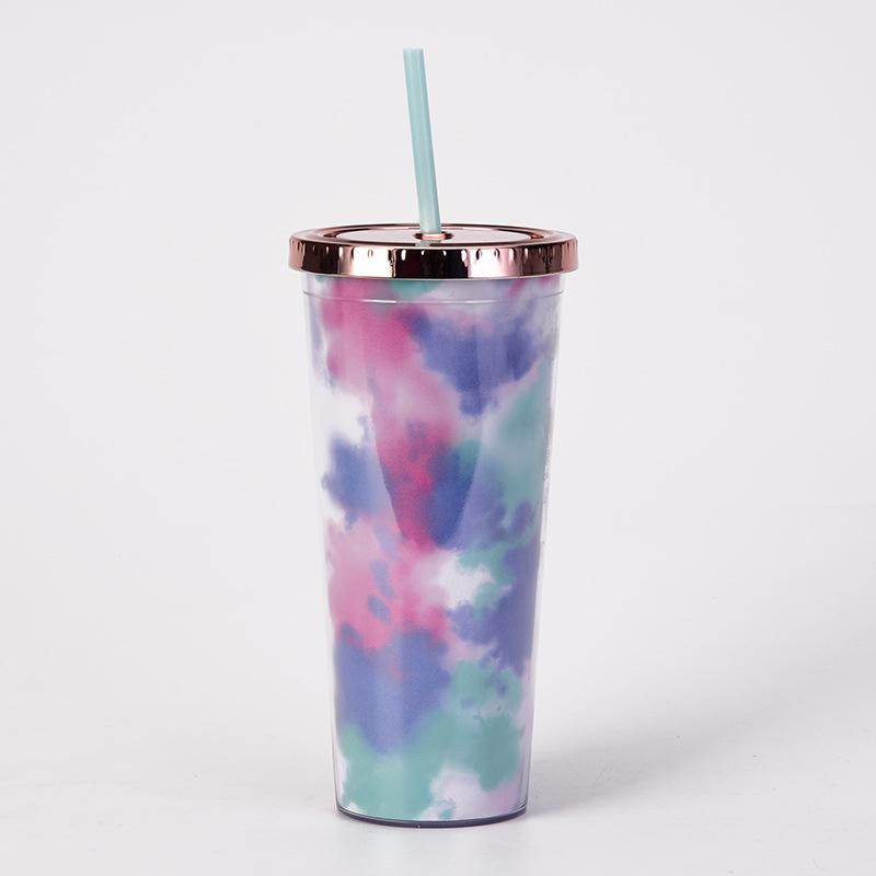 Tie-Dye Straw Cup 24Oz Double-Layer Plastic Water Cup Can Be Customized Creative Paper Card Diy