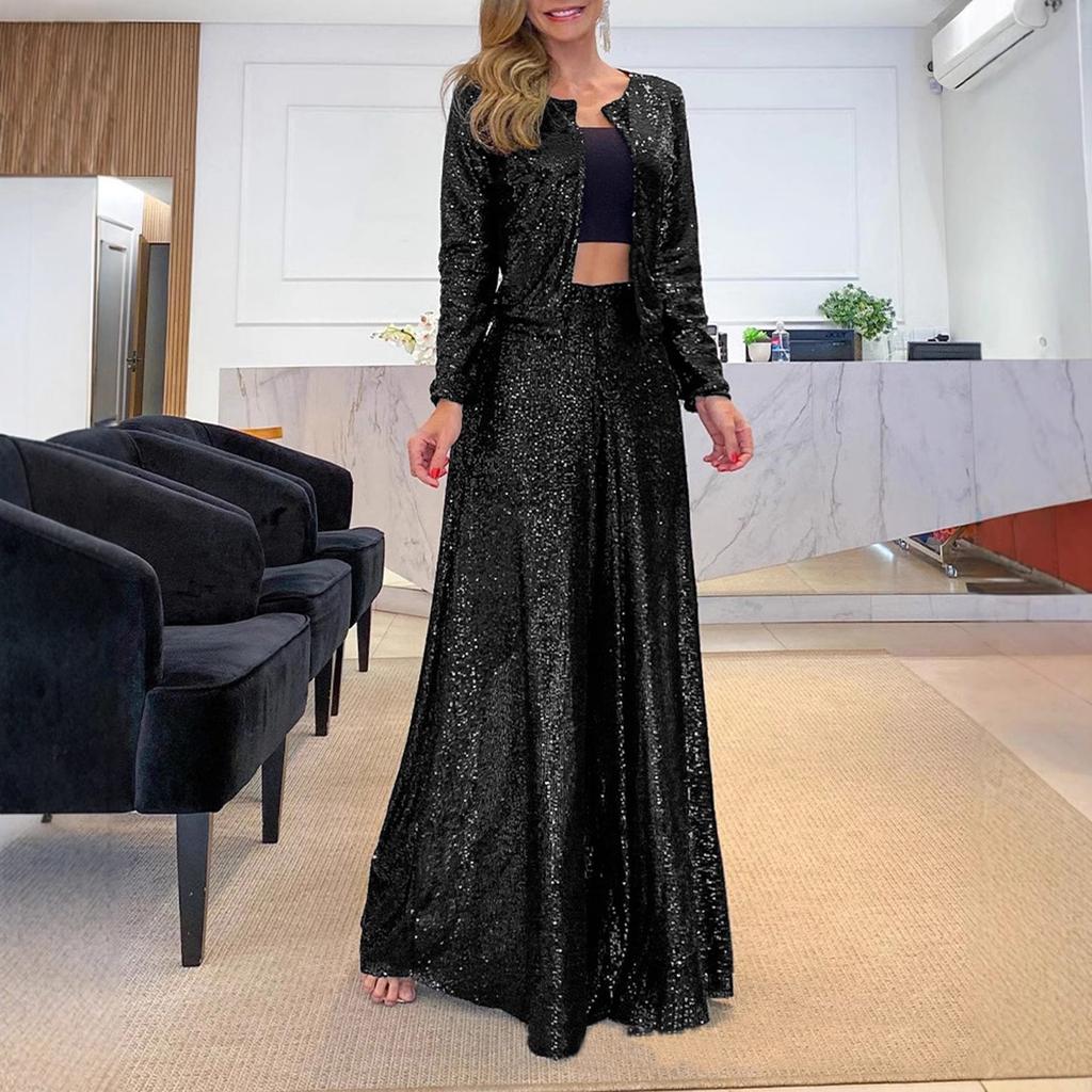 Women's Fashion Casual High Waist Thin Trousers Solid Colour Sequin Wide Leg Trousers