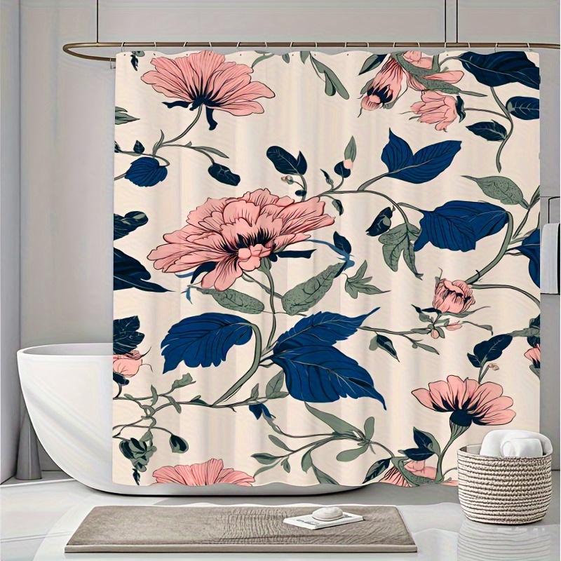 1Pc Romantic Pink And Blue Floral Shower Curtain, Polyester Fabric, Machine Washable, Suitable For Bathroom Decoration