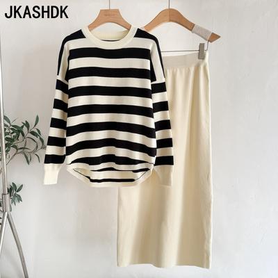 Women's Fashion Casual Spring Autumn Stripe Print Long Sleeve O-Neck Trousers Pants Suits